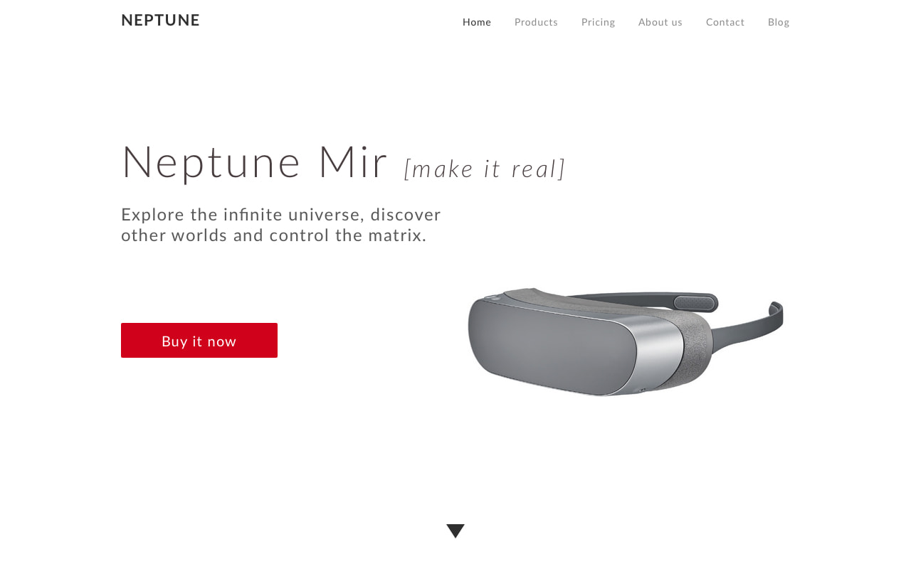 Création de la page de vente du casque de réalité virtuelle Neptune MIR.